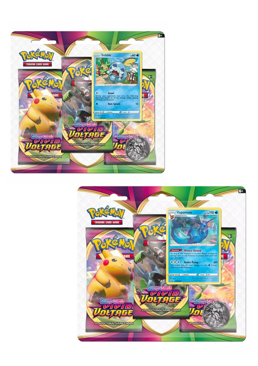 Pokemon TCG Sword & Shield Vivid Voltage Vaporeon or Sobble Three Booster Blister