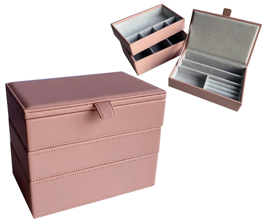 3 Piece Stackable Jewellery Organiser Box Set in Pink